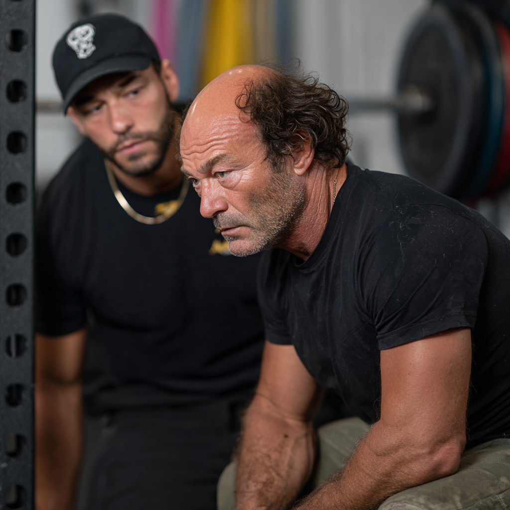 Bărbat în vârstă de 52 de ani lucrând cu antrenor personal în sala de fitness, arătând concentrare și dedicare