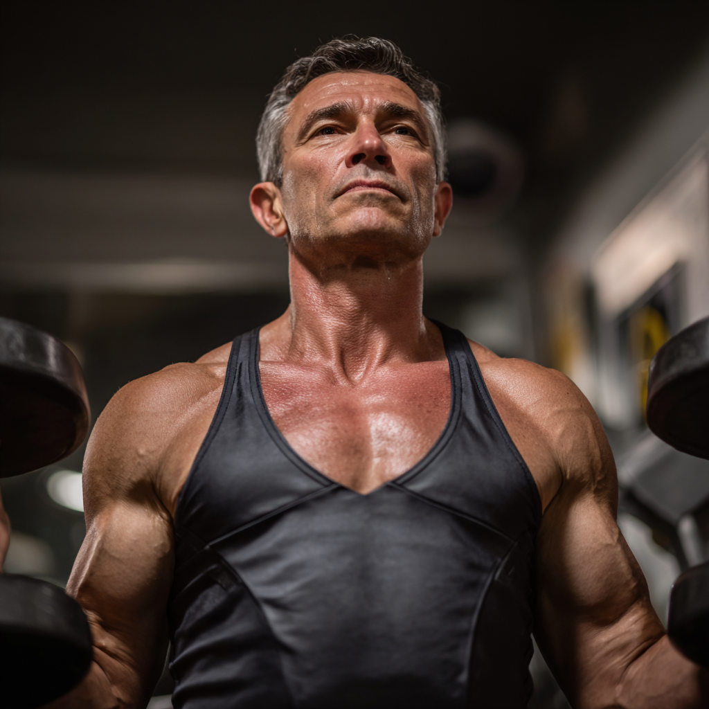 Bărbat în vârstă de 55 de ani antrenându-se cu greutăți în sala de fitness, arătând determinare și forță