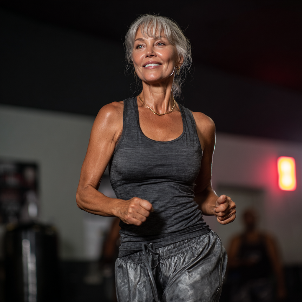 Femeie în vârstă de 58 de ani făcând exerciții HIIT în sala de sport, demonstrând energie și vitalitate